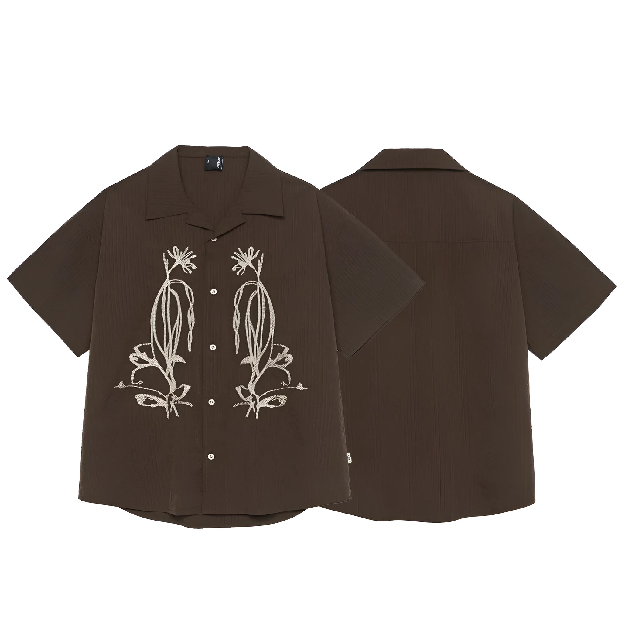 Brown striped Cuban collar short sleeve polyester shirt for outdoor casual wear