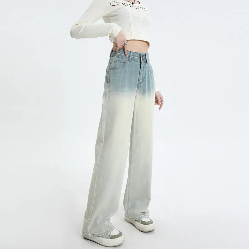 Women's gradient blue straight-leg denim trousers with wide leg design on 100% cotton fabric