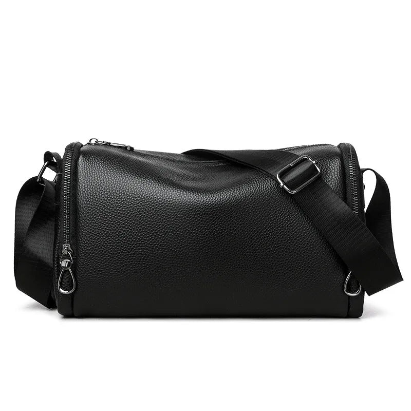 Genuine leather crossbody shoulder bag for men in black with stitching detail and large capacity interior