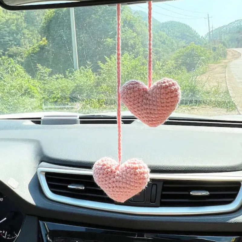 Green and white knitted wool succulent car ornament with 8cm base and hanging cord