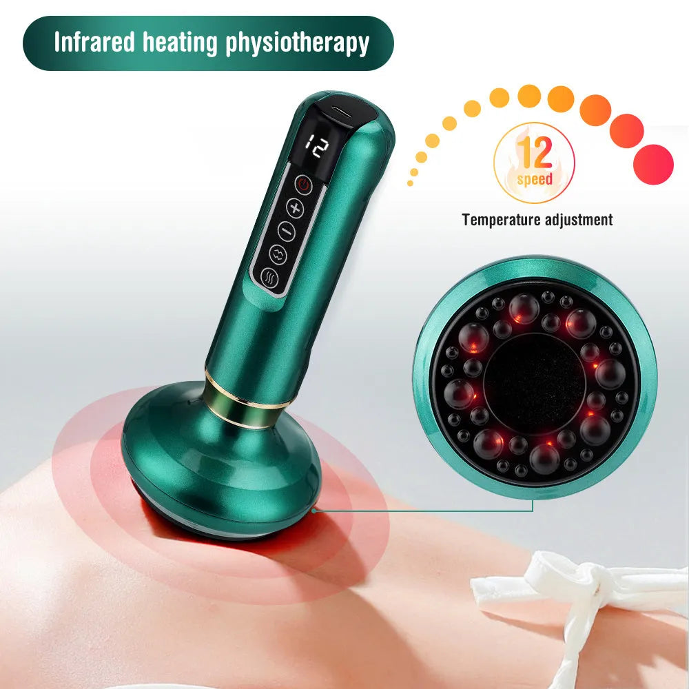 Green electric vacuum cupping massager with digital display and charging cable.