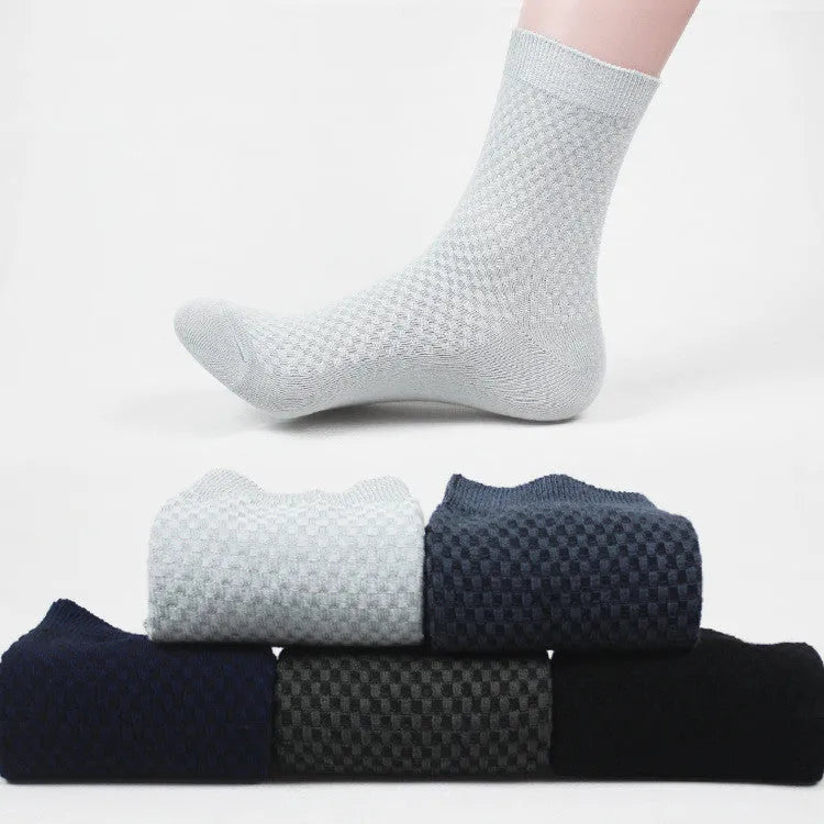 Men's bamboo fibre business socks showing small square pattern design in neutral colour options