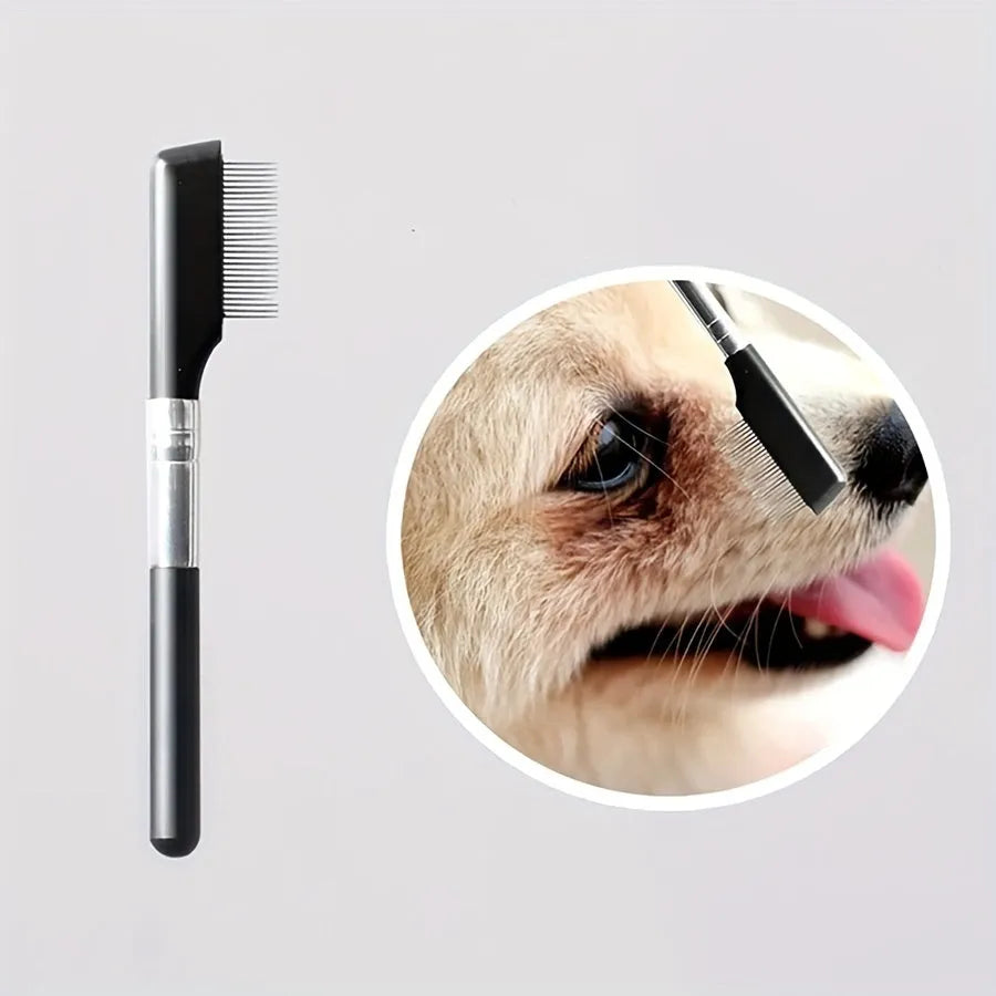 Black pet grooming brush with soft bristles and a comb for gentle eye cleaning on dogs and cats.