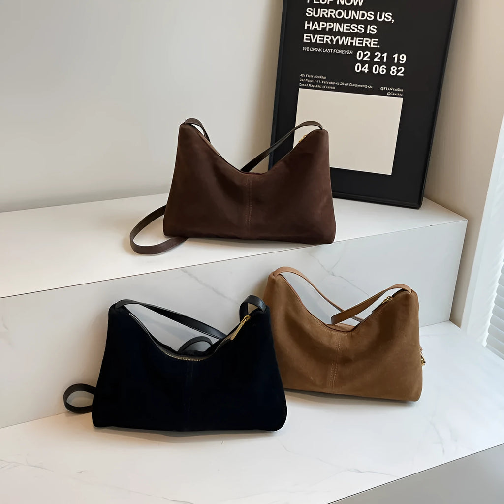 Retro suede underarm bag for women in brown, soft PU bucket style