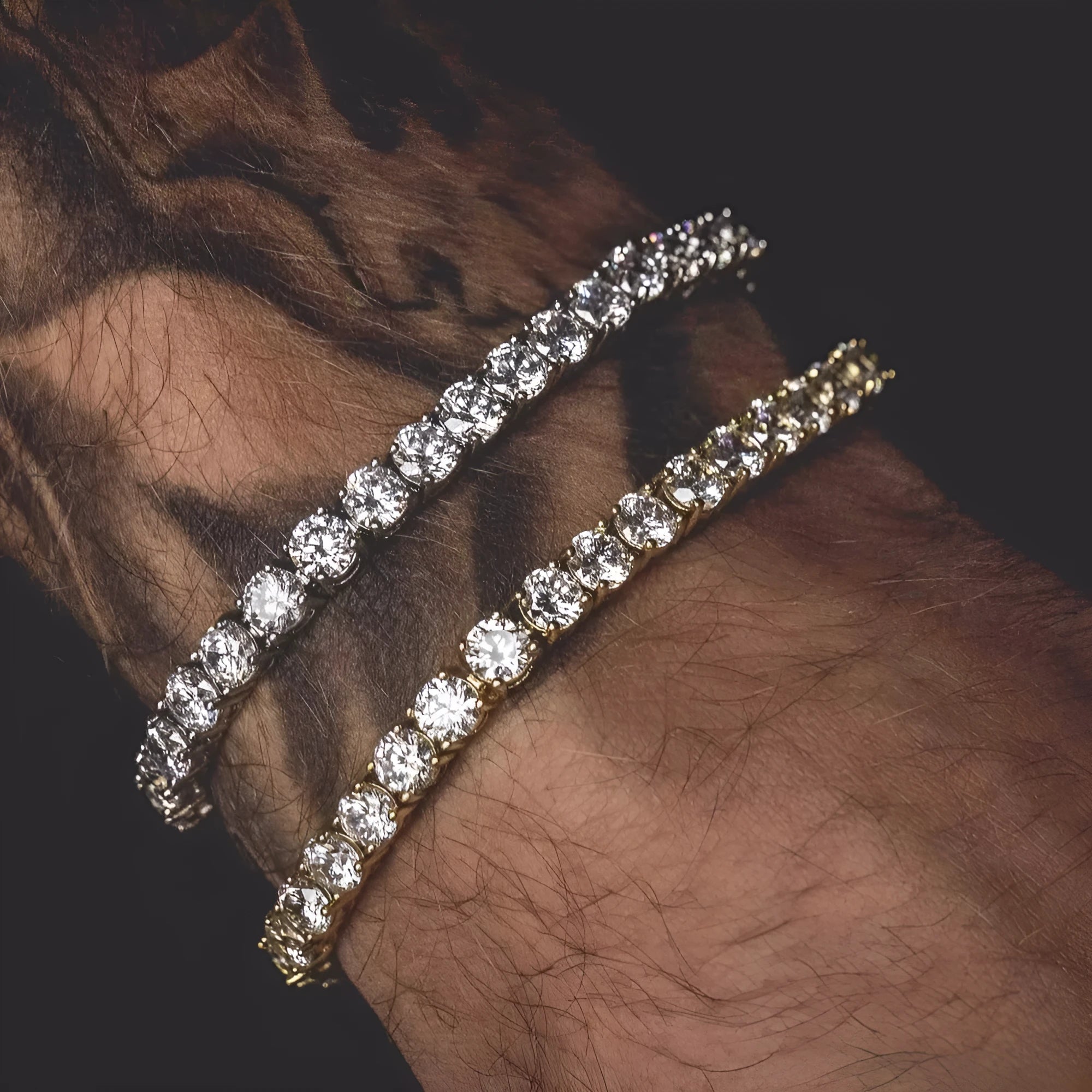Men's geometric hip hop bracelet with single row rhinestones and zirconia accents on alloy chain