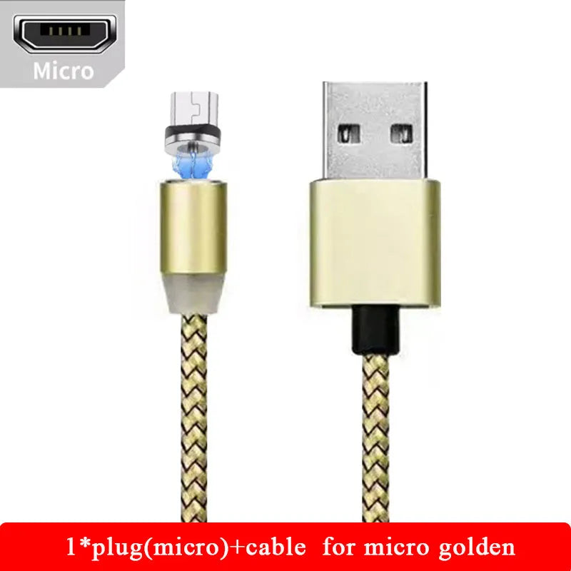 Black braided magnetic USB charging cable with LED light and aluminium connector.