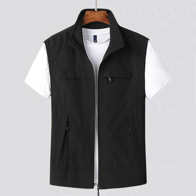 Multi-pocket waterproof casual vest with hooded cardigan design and striped fabric