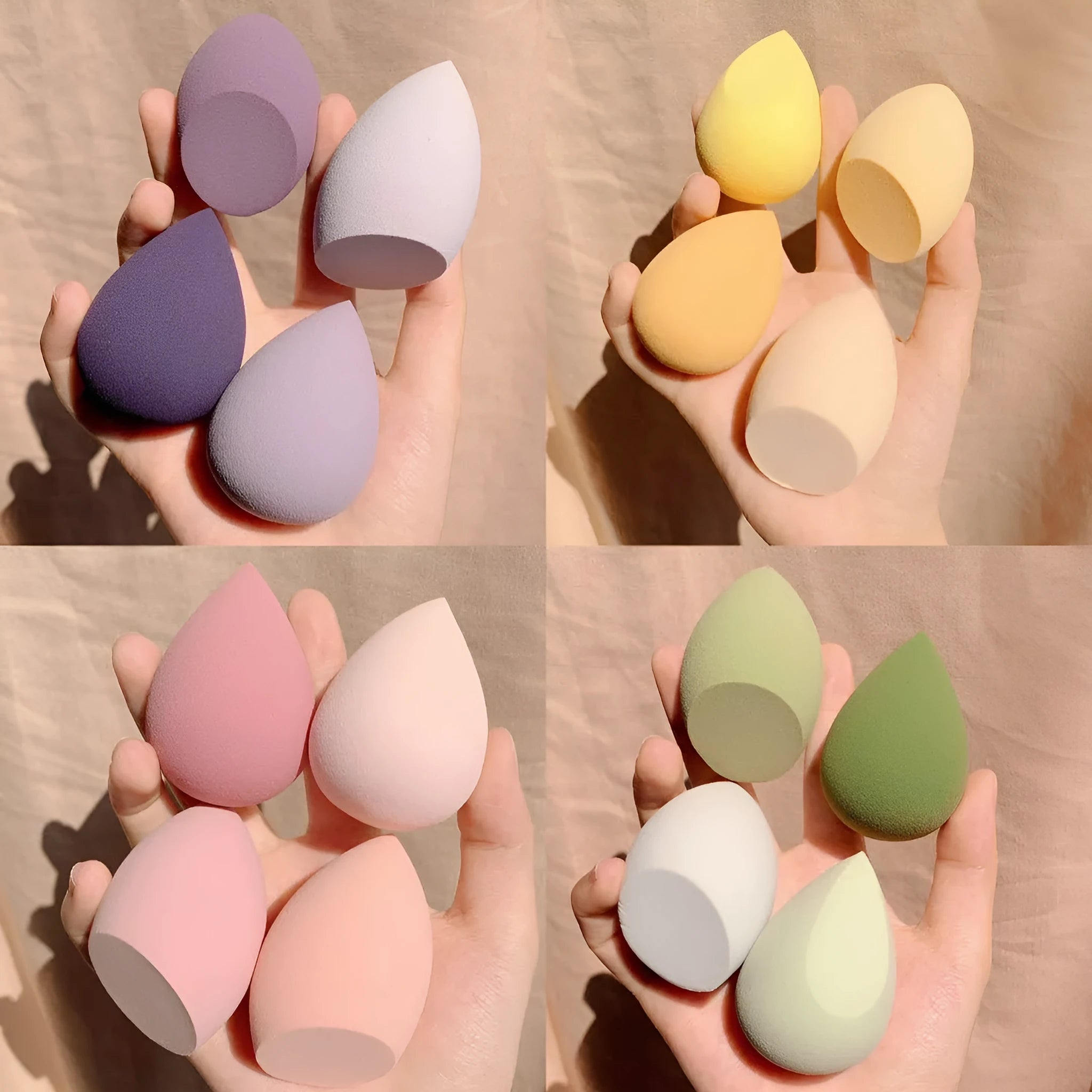 Four makeup egg sponges in grape, mango, mint, and peach peach colours, each approximately 6cm long