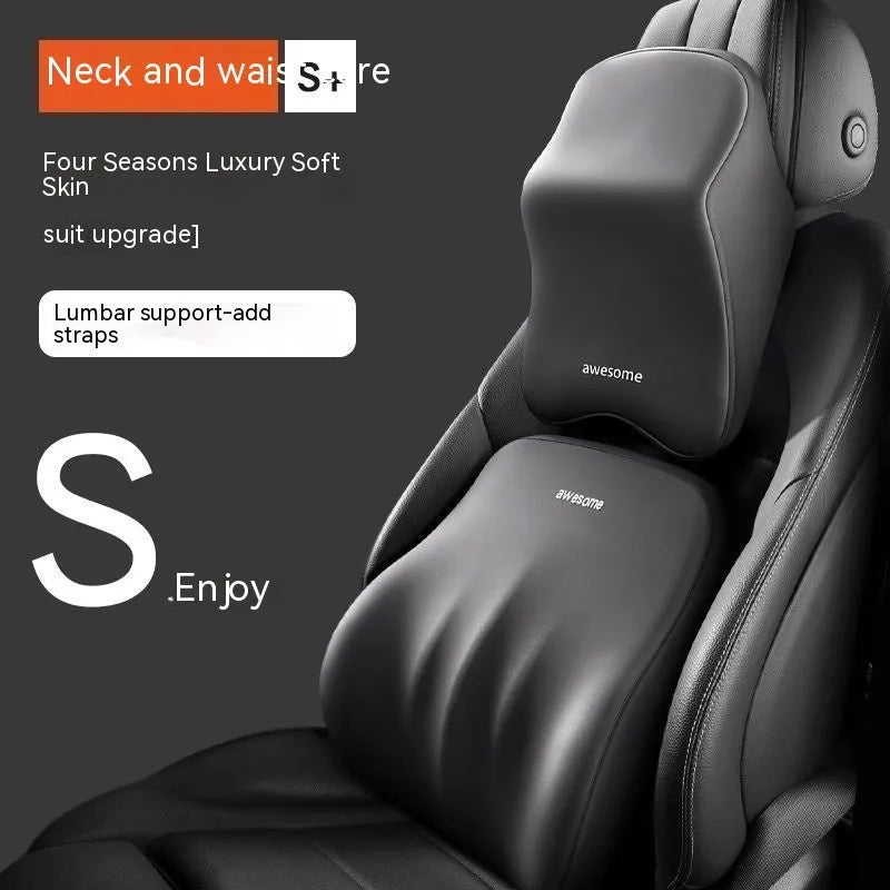 Car headrest pillow and lumbar support pillow set in memory foam with cotton cover.
