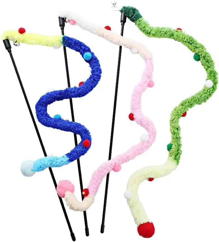 Blue cat wand toy with long plush strip and fluffy ball with bell