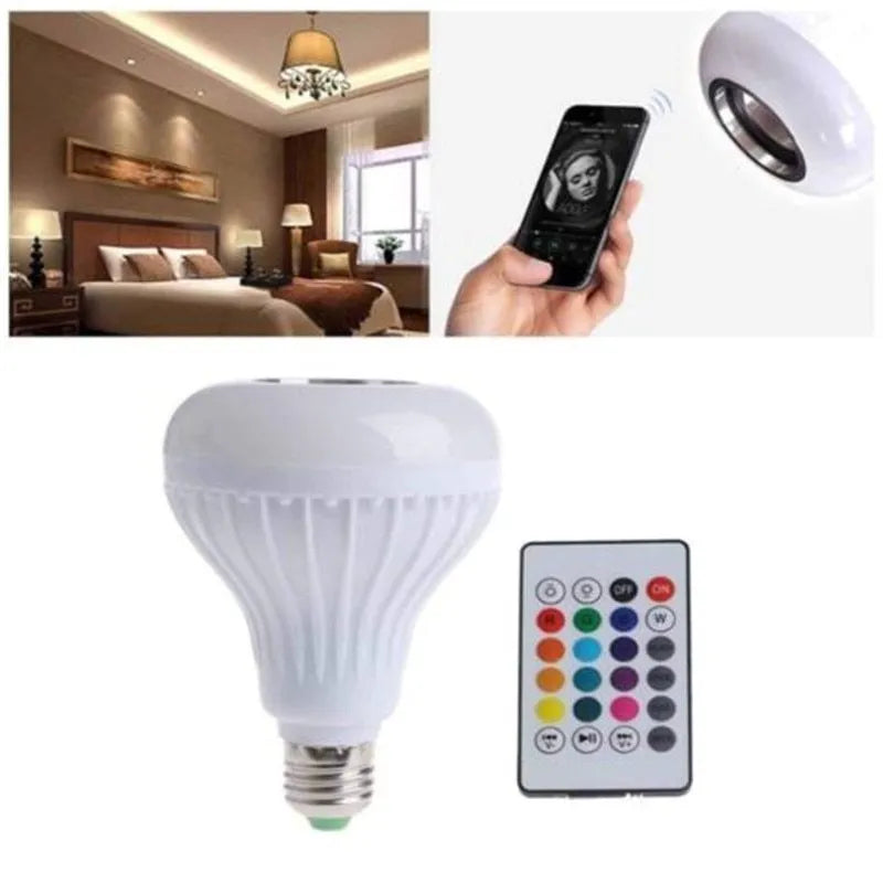 White smart LED bulb with E27 base featuring Bluetooth speaker and remote for colour control.