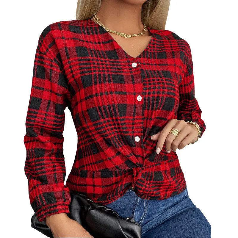 Women's loose-fit plaid casual shirt in purple, available in sizes S to 3XL.