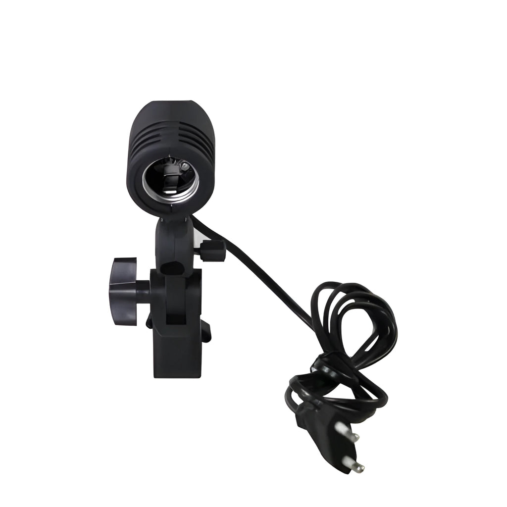 Black universal photographic lamp holder with E27 bulb socket and central umbrella connector.
