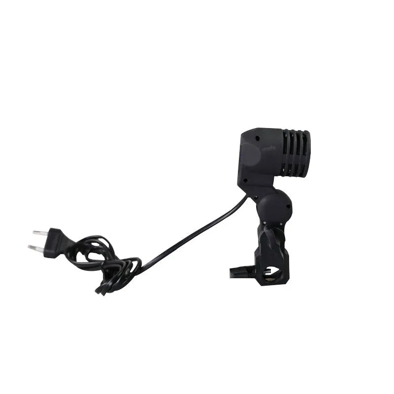 Black universal photographic lamp holder with E27 bulb socket and central umbrella connector.