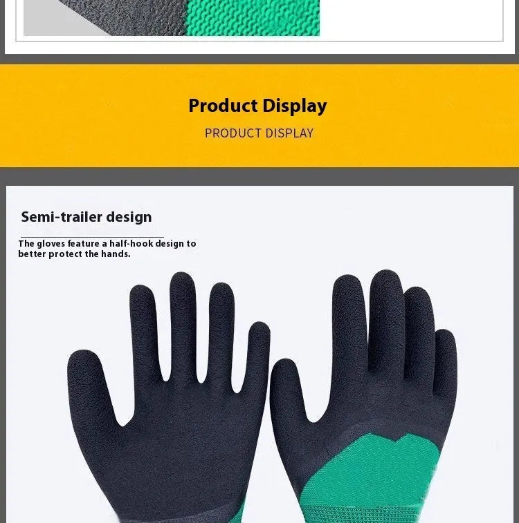 Black and green rubber work gloves with a textured, non-slip surface for labour protection.