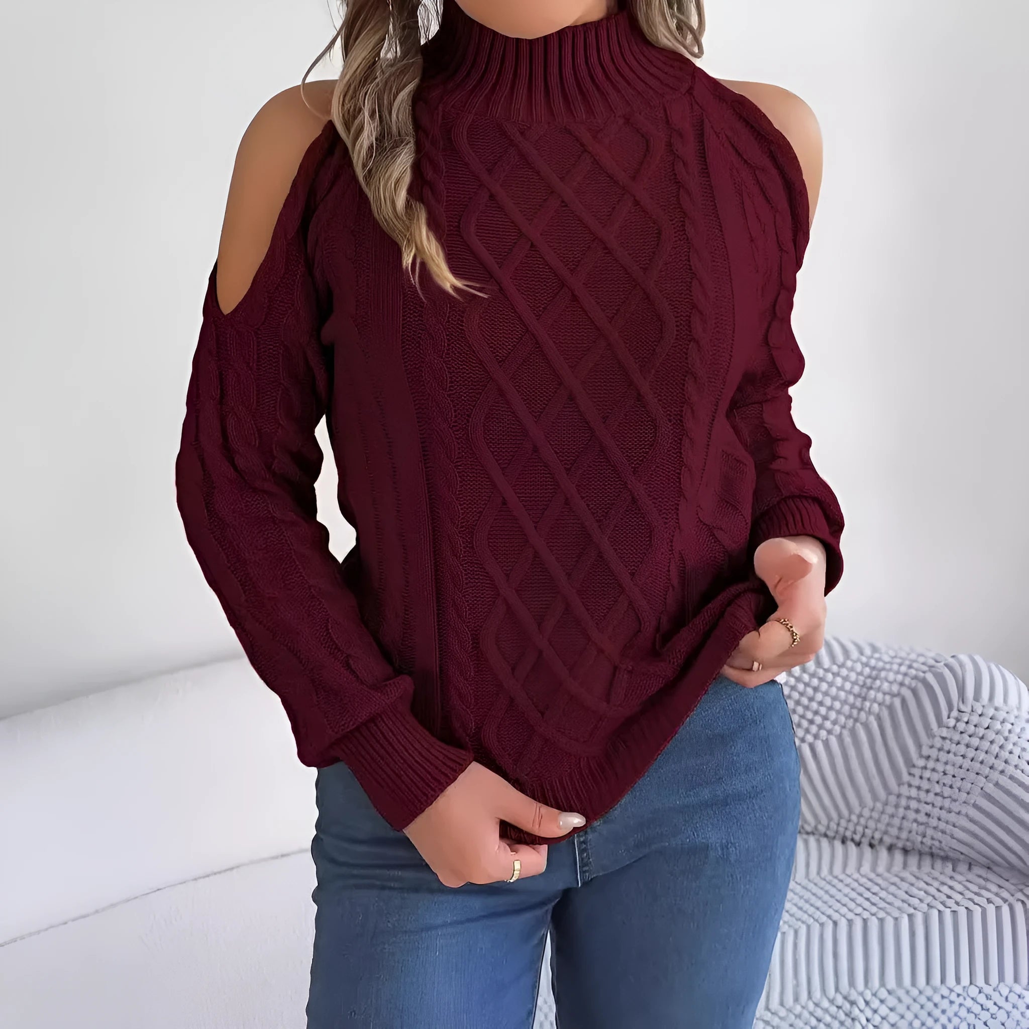 Women's twisted pattern acrylic sweater with strapless half-high collar and lantern sleeves