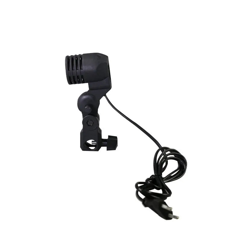 Black universal photographic lamp holder with E27 bulb socket and central umbrella connector.