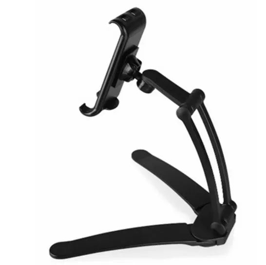 Silver aluminium alloy desktop tablet stand with adjustable white mount holding a tablet