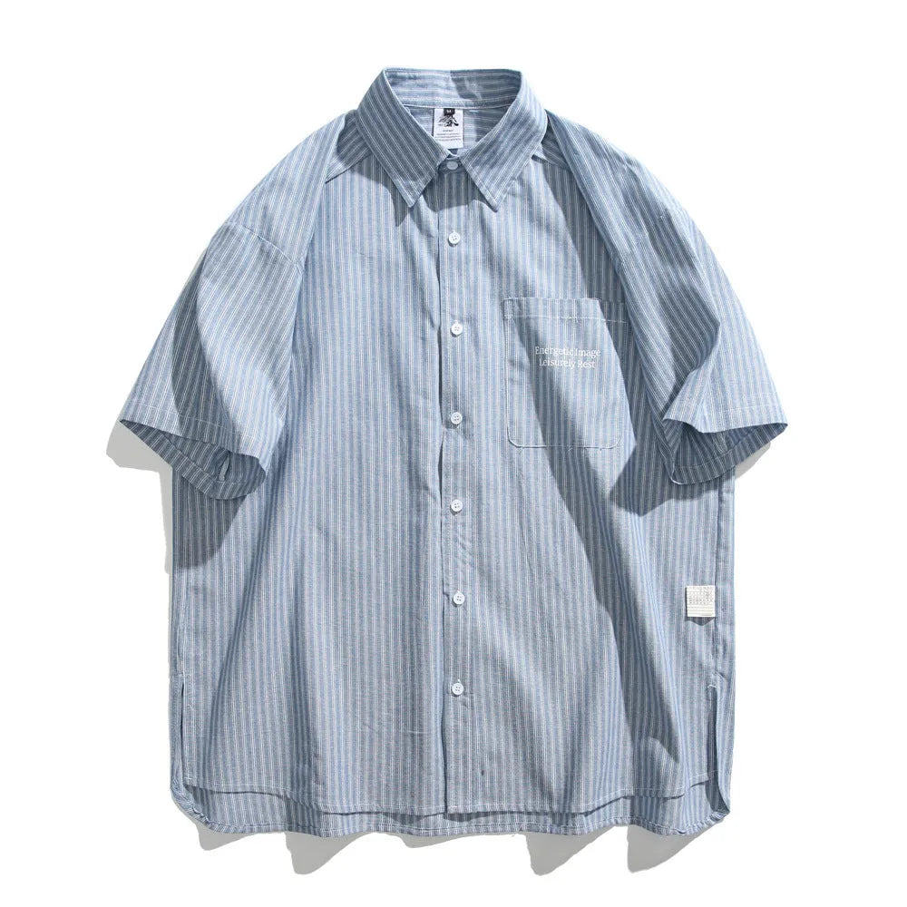 Blue striped loose-fit short-sleeved shirt in cardigan style for men and women