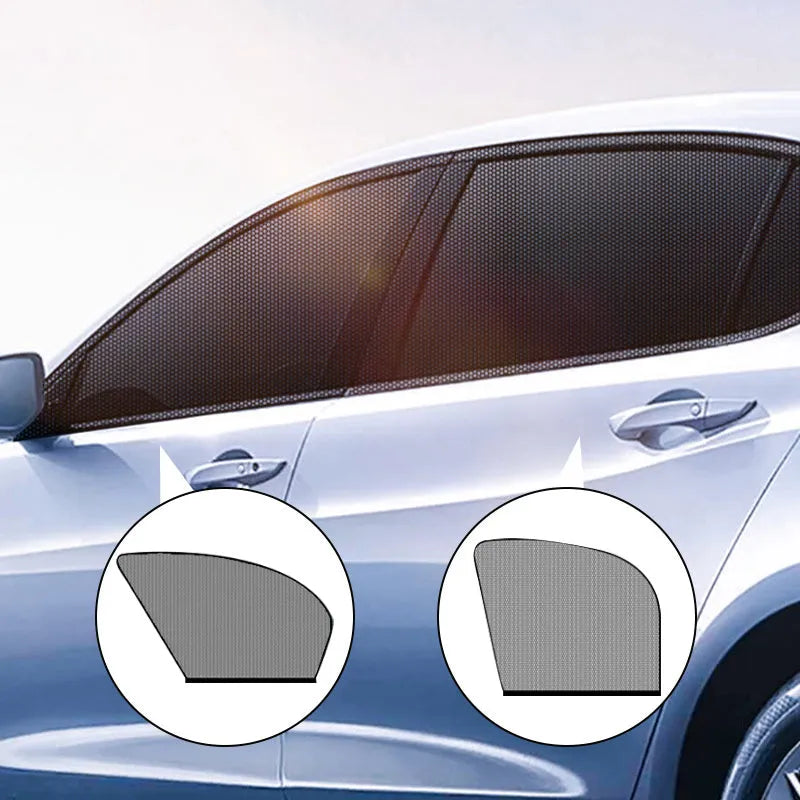 Set of four grey non-woven fabric mesh car side window sunshades with elastic edges.