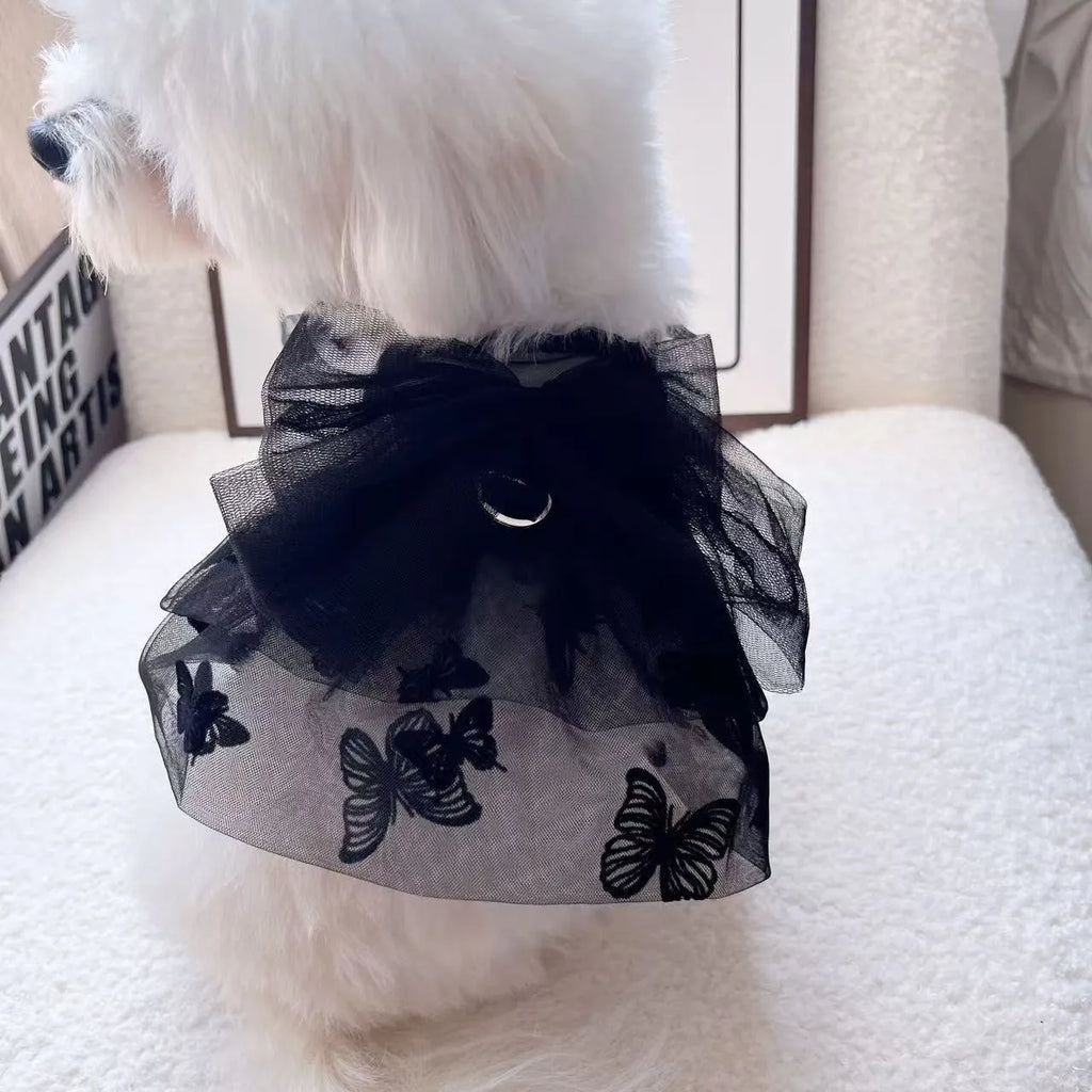 Black tulle princess skirt costume on a small dog, showing the gauze material and fit.