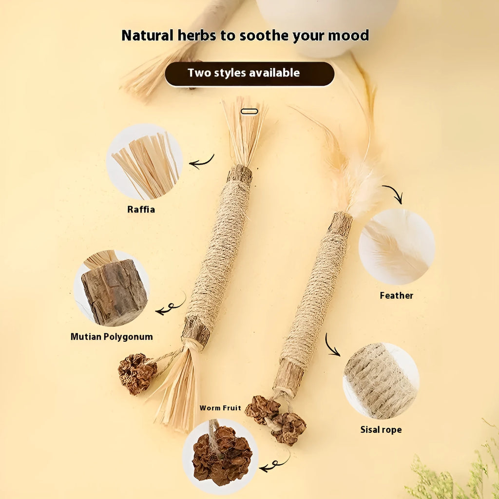 Polygonum wood cat teeth grinding rod with catnip stems and lafite grass decoration, 2.2cm diameter