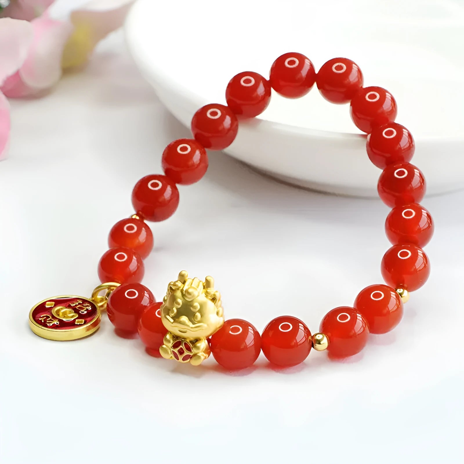 Red agate Chinese zodiac dragon bracelet with 8mm round beads