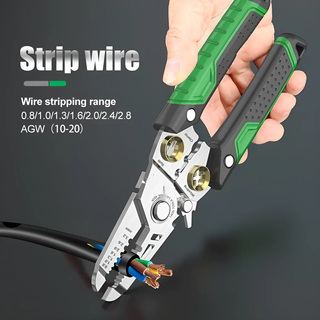 Stainless steel multifunctional wire stripper tool with two-colour handle showing seven different sized stripping ports.