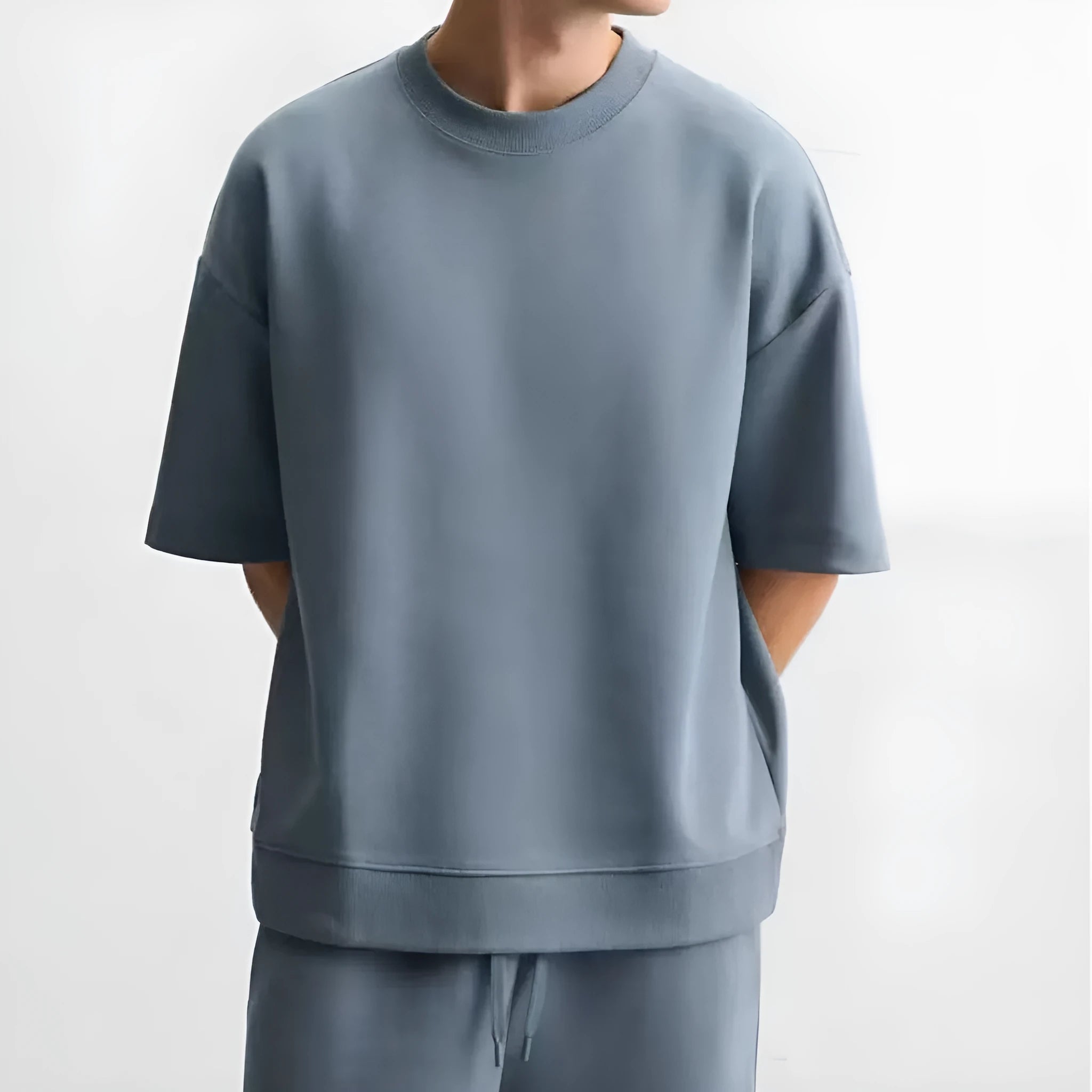 Loose double-sided cloth texture short sleeve shirt and matching shorts set in polyester