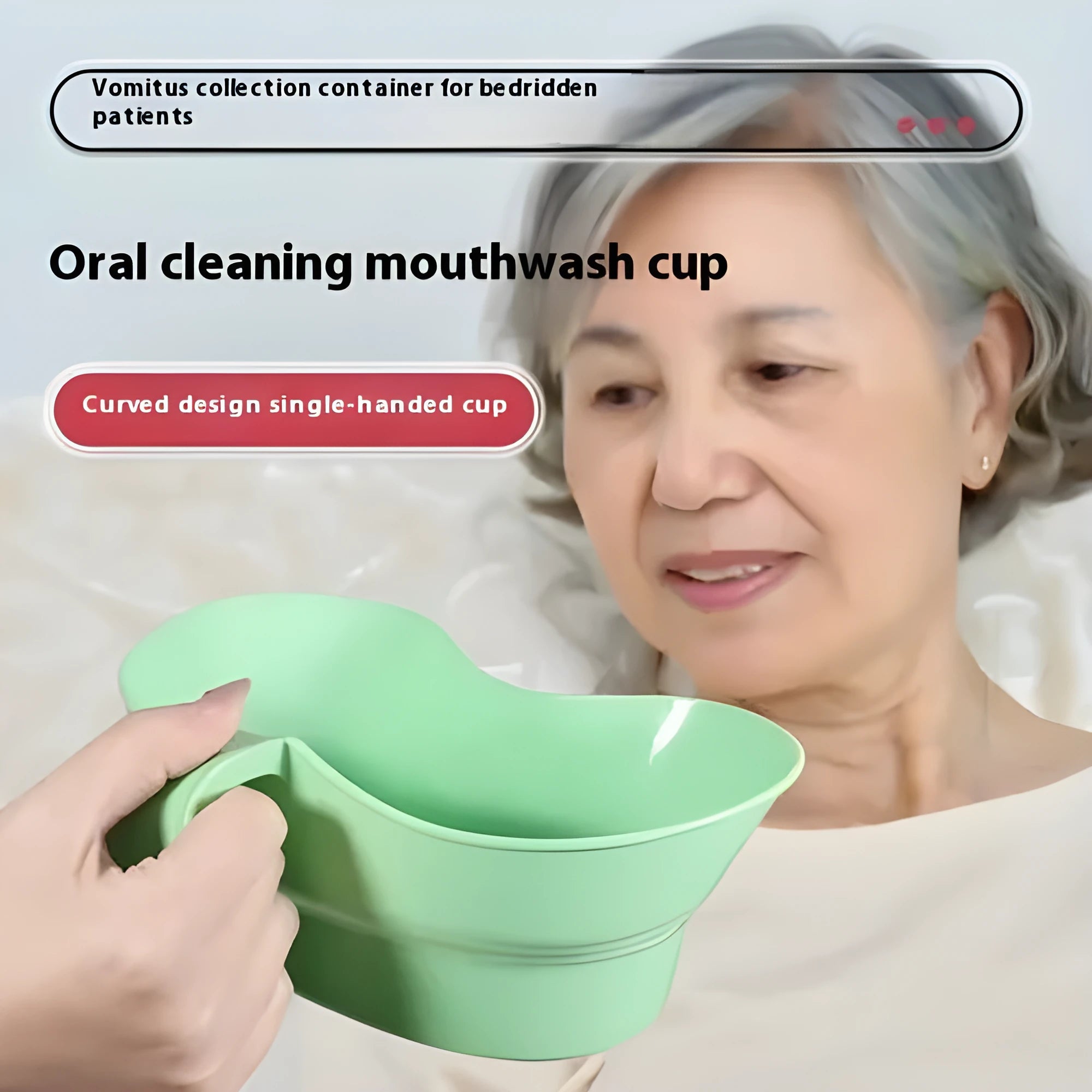 Green plastic nursing gargle cup with white lid for bedside oral care