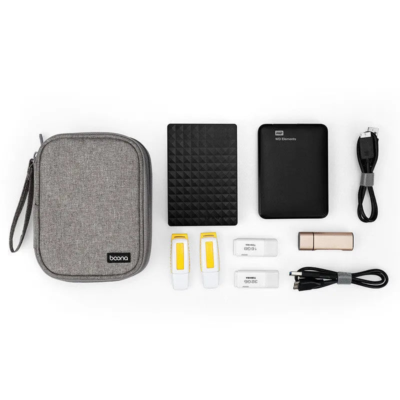 Black and grey Oxford cloth protective covers for a 2.5-inch portable hard drive.