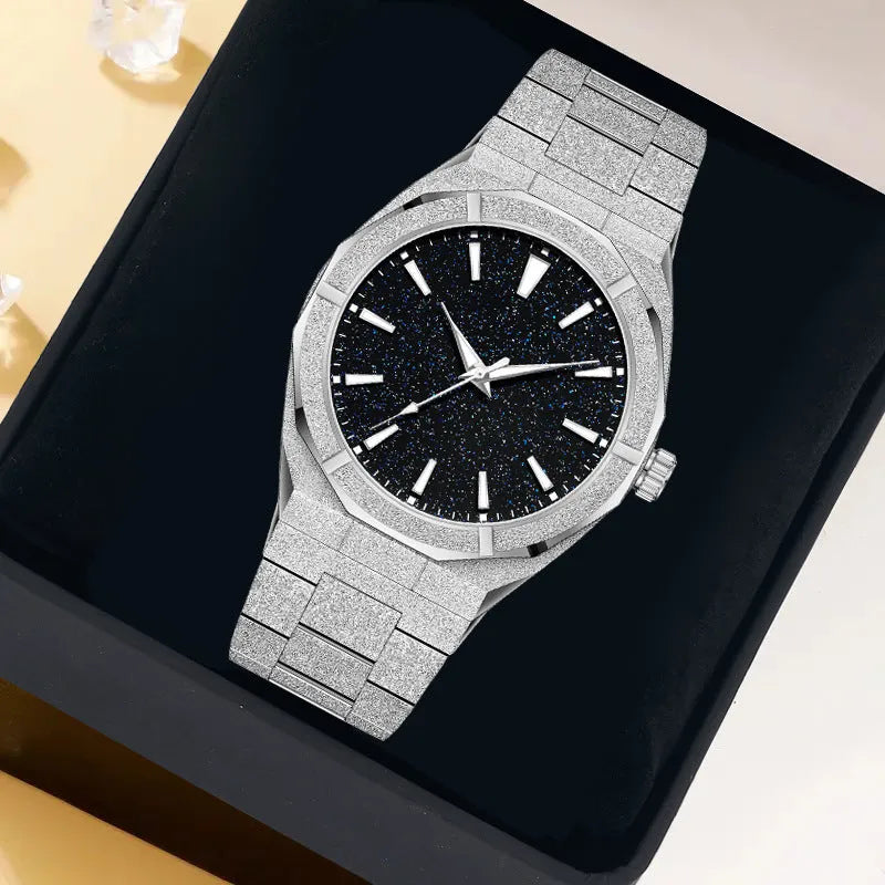 Business men's watch with frosted stainless steel case and luminous hands in silver colour