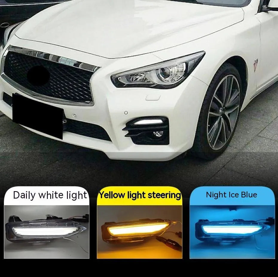 Infiniti Q50 Q70 front bumper LED turn signal and daytime running fog lamp unit with ABS housing.