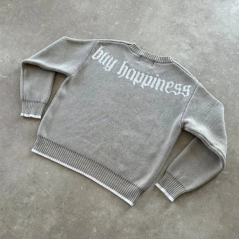 Grey jacquard pattern loose-fitting pullover knitwear coat with long sleeves