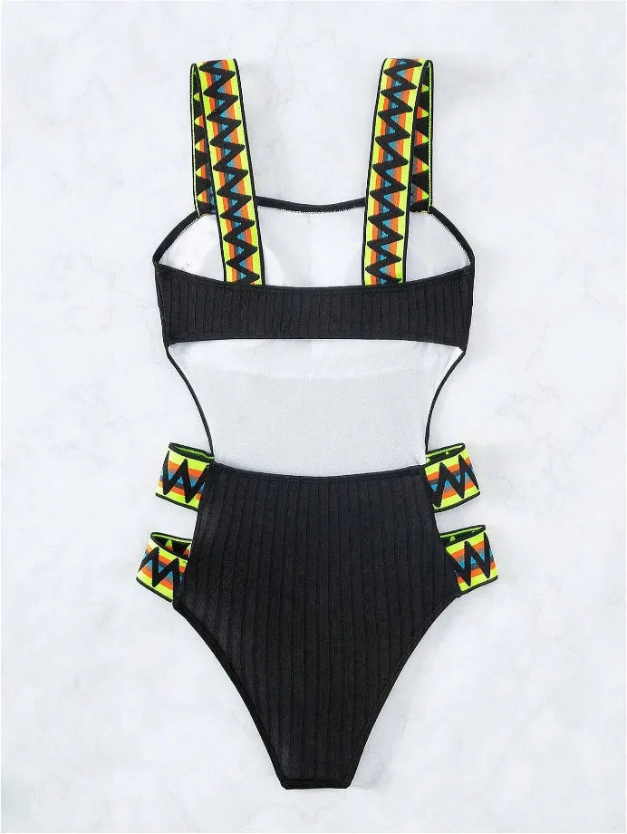 Women's solid colour one-piece bikini swimsuit in black or orange polyester fabric