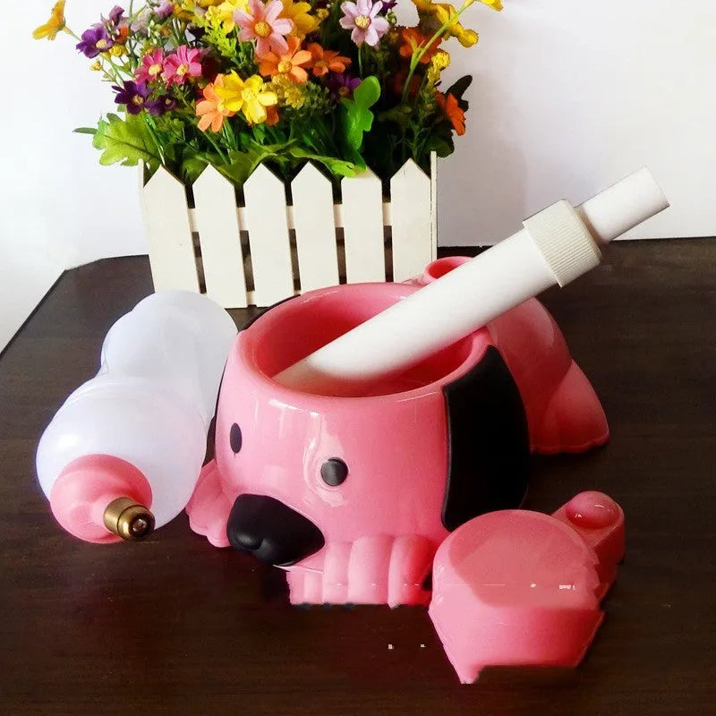 Adjustable height pet drinking bowl in plastic with rod lifting mechanism