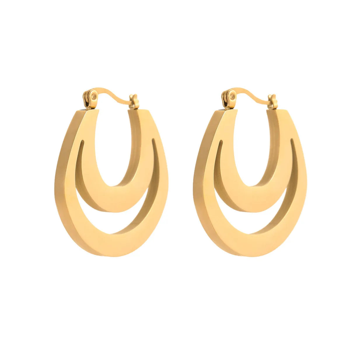 Geometric French earrings with gold plating and round ring elements on stainless steel