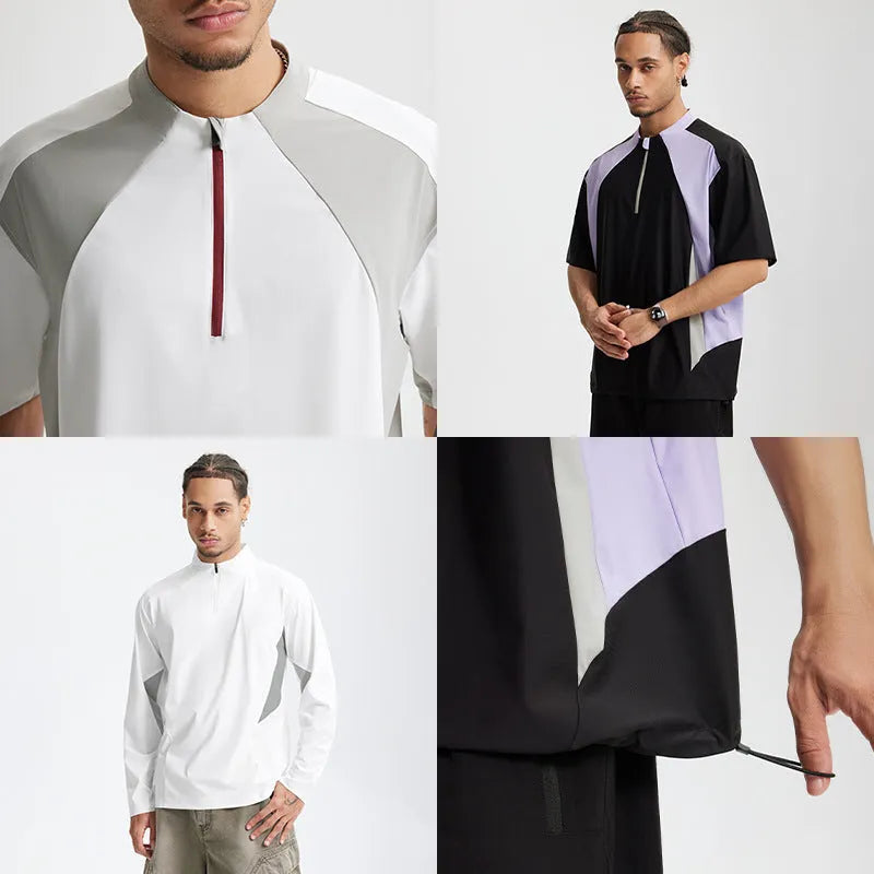 Men's lightweight solid colour polyester top shown in black and beige, available in long sleeve and short sleeve styles.