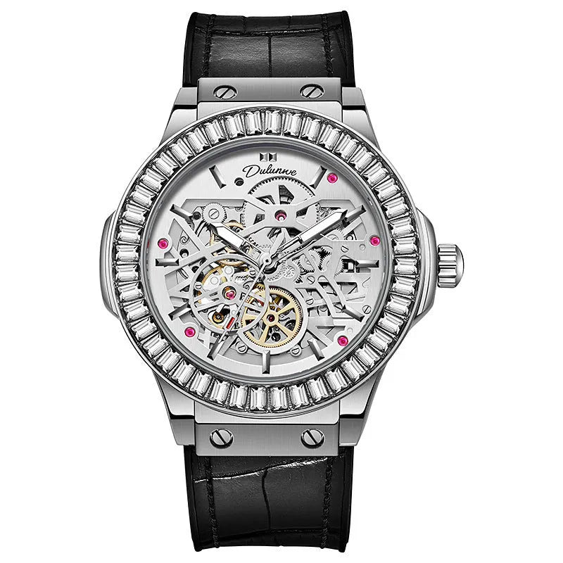 Men's automatic mechanical watch with diamond-studded hollow dial in white shell case