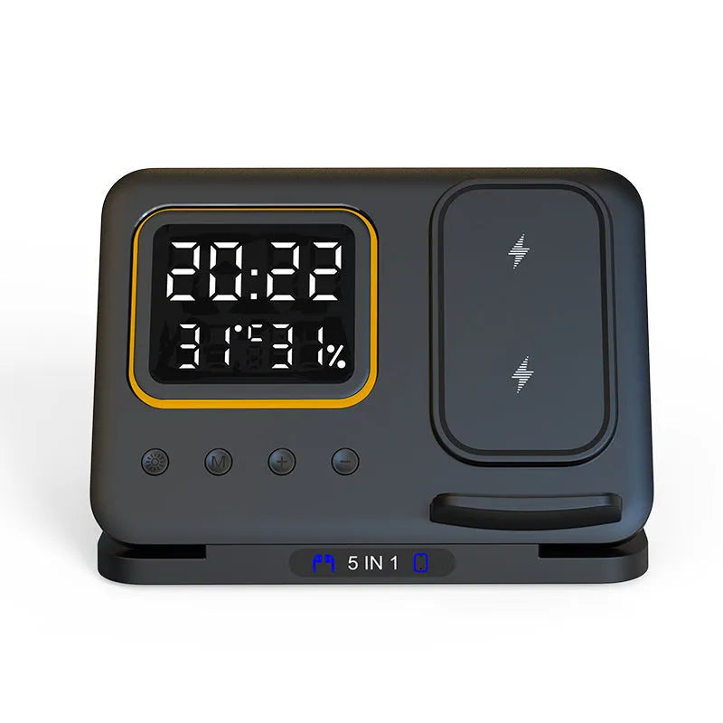 Black 5-in-1 wireless charging station showing phone charging alongside digital clock with temperature display