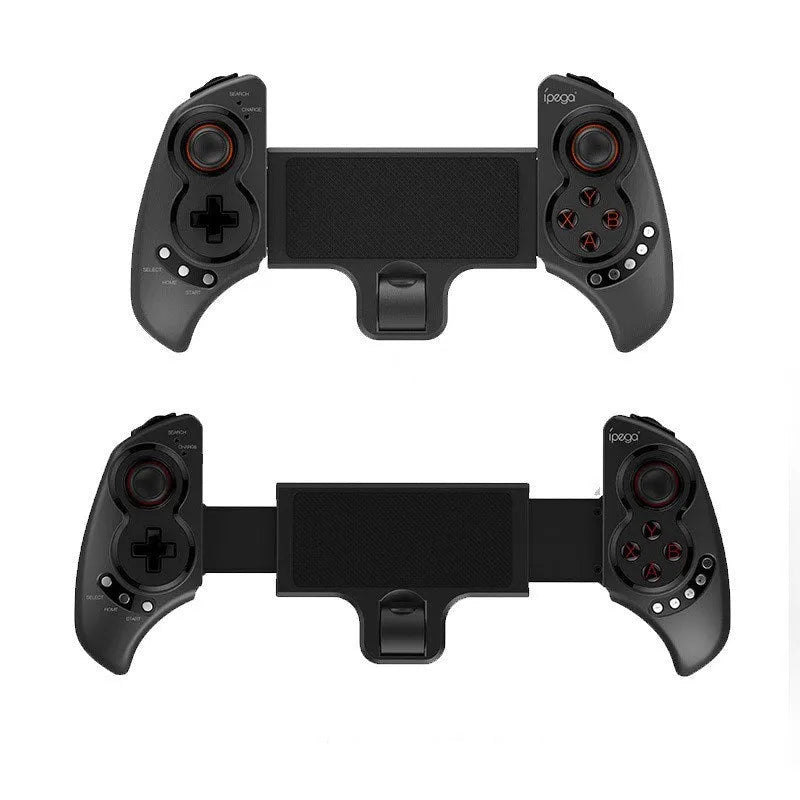 Black wireless telescopic game controller extended to hold a mobile phone, with buttons and joysticks visible.