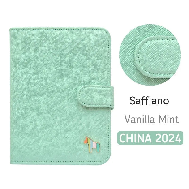 Leather schedule book showing Avocado Green cover with 164x120mm dimensions and 396-day pages