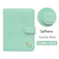 Leather schedule book showing Avocado Green cover with 164x120mm dimensions and 396-day pages