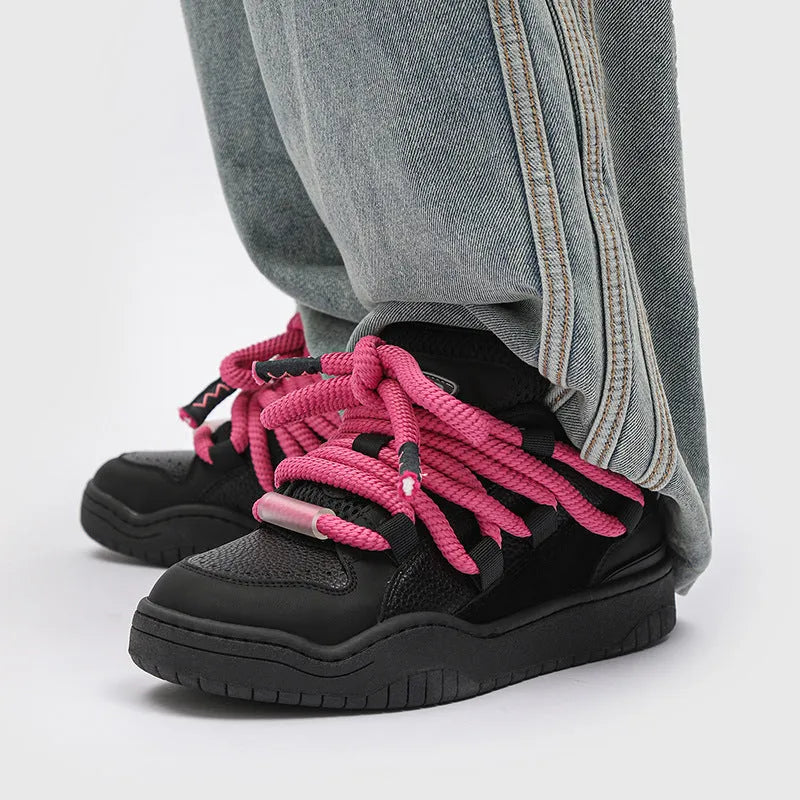 Casual low-top shoes with thick rubber soles and round toe in denim blue colour with lace-up front