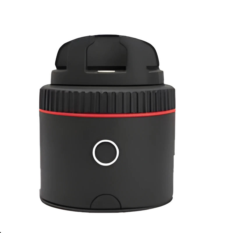 Black PIVO facial tracking camera mounted with a smartphone, showing 360-degree rotation base.