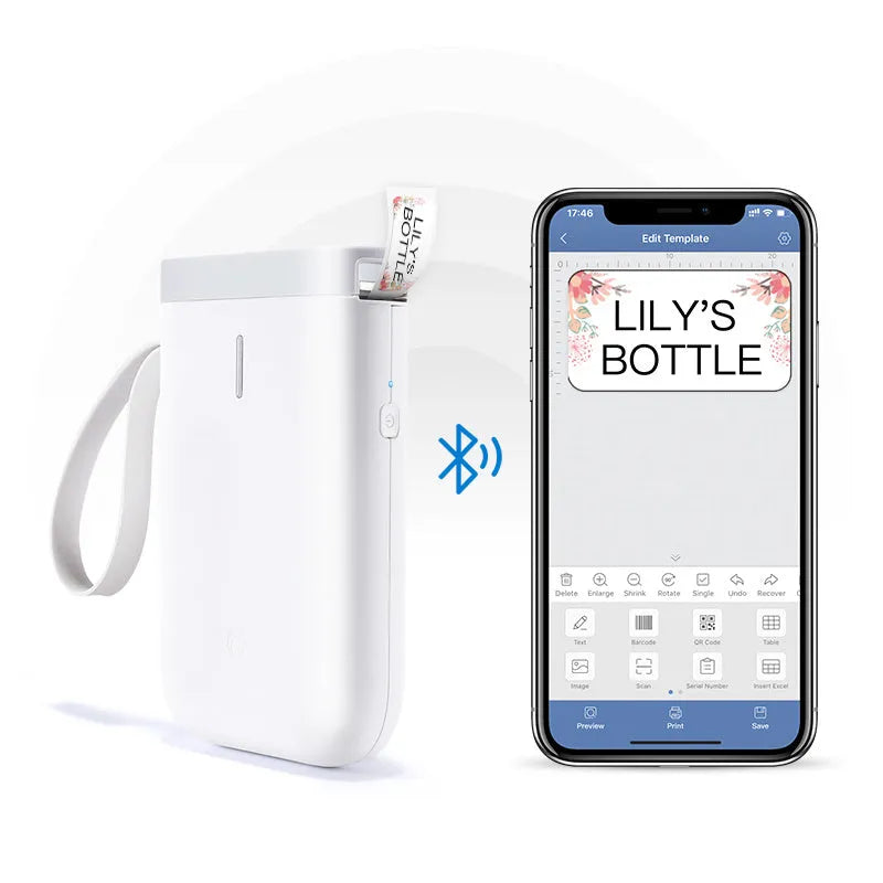 D11 Bluetooth thermal label printer in various colours, shown next to a mobile phone displaying the label design app.