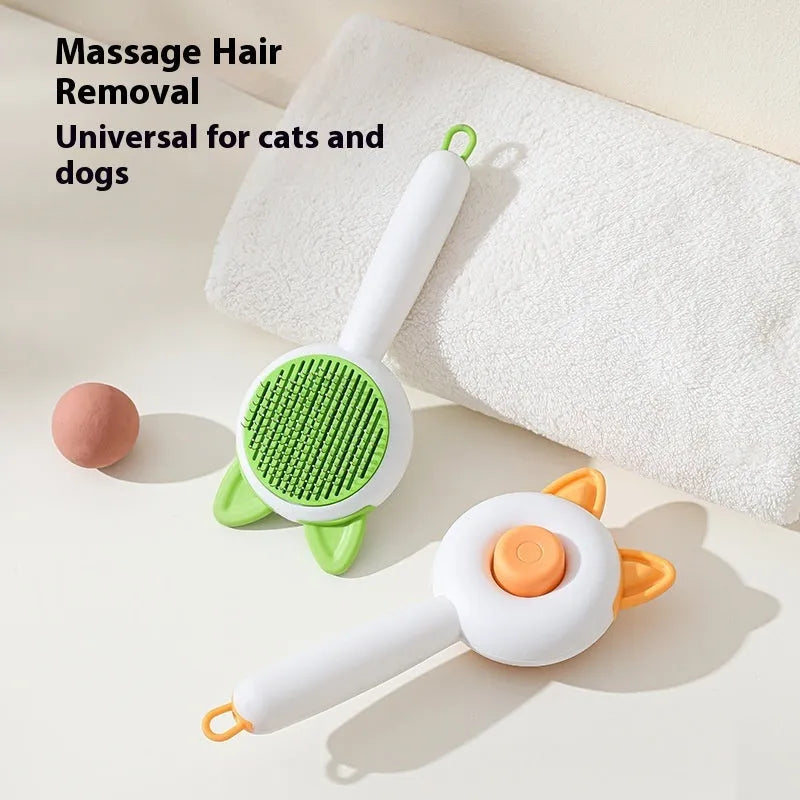 Self-cleaning pet grooming brush with stainless steel comb teeth in greenish white and orange white colour options