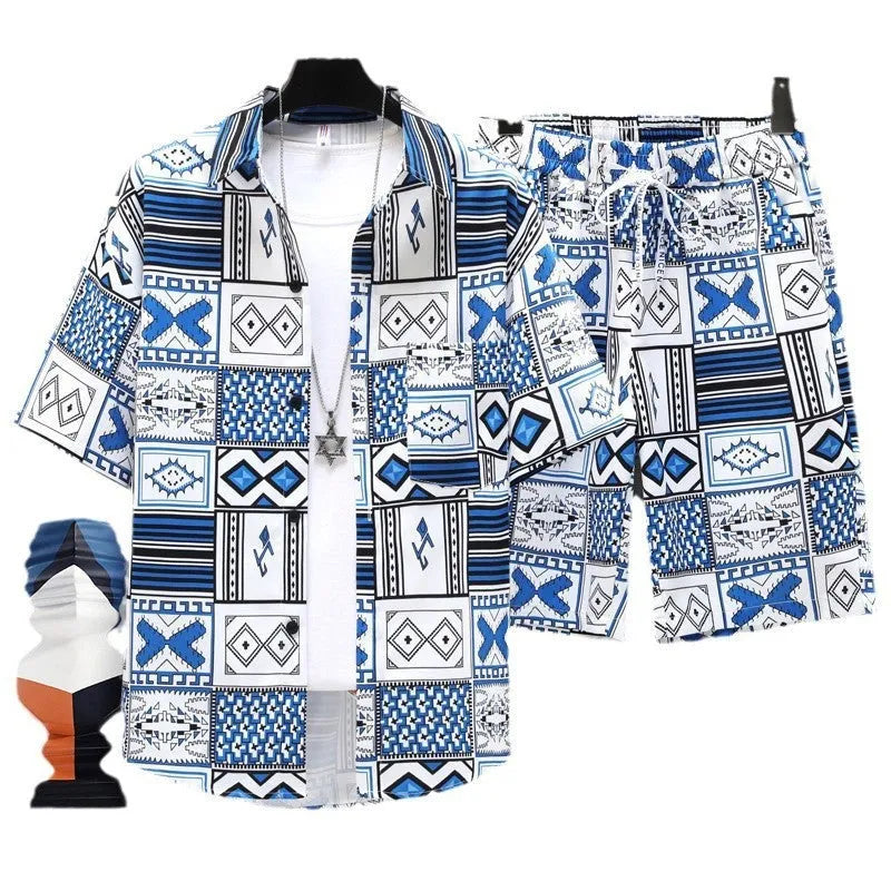 Men's casual polyester shorts two-piece set with short-sleeve top, shown in multiple colours.