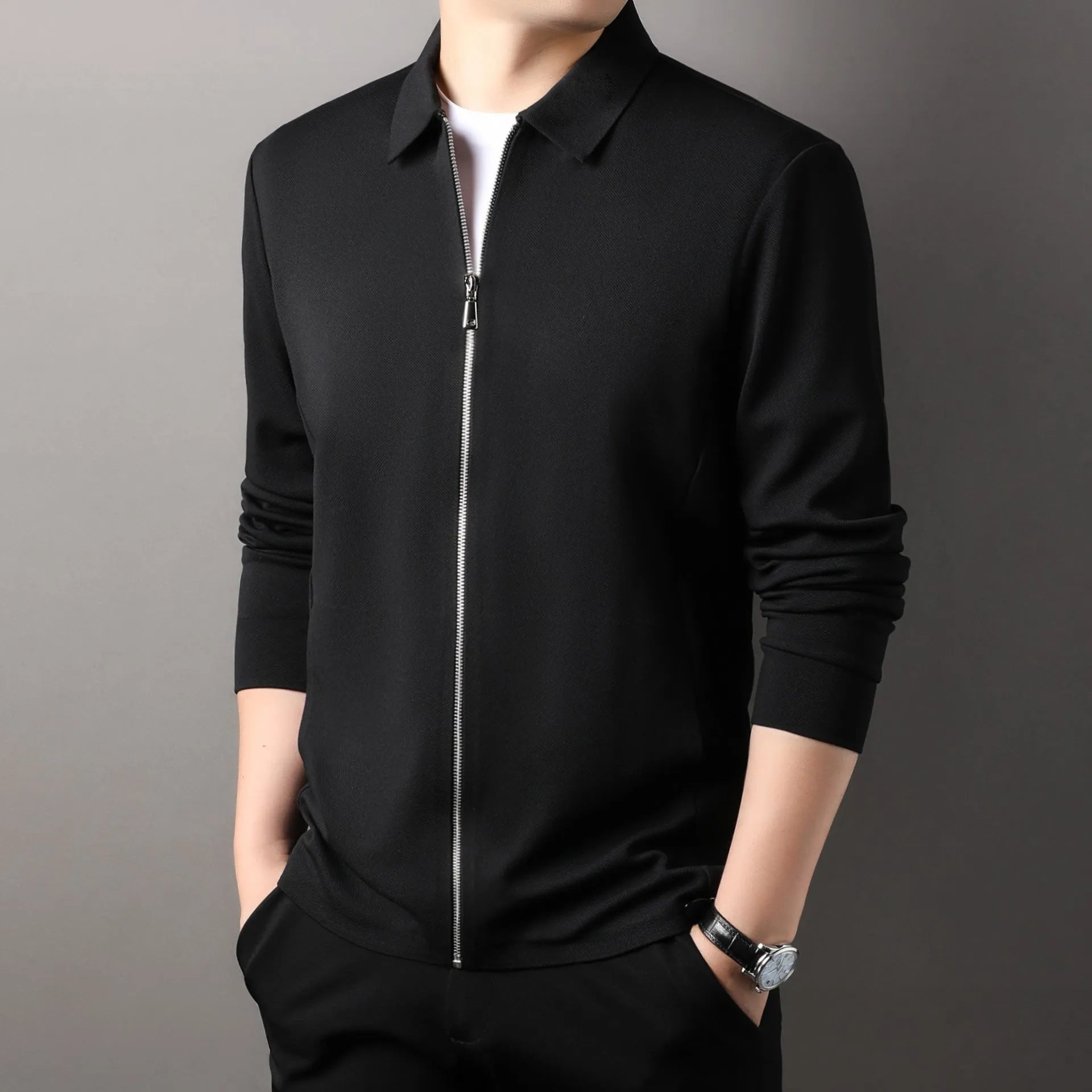 Men's casual business jacket in polyester, shown in black, dark grey or apricot with long sleeves and straight hem.