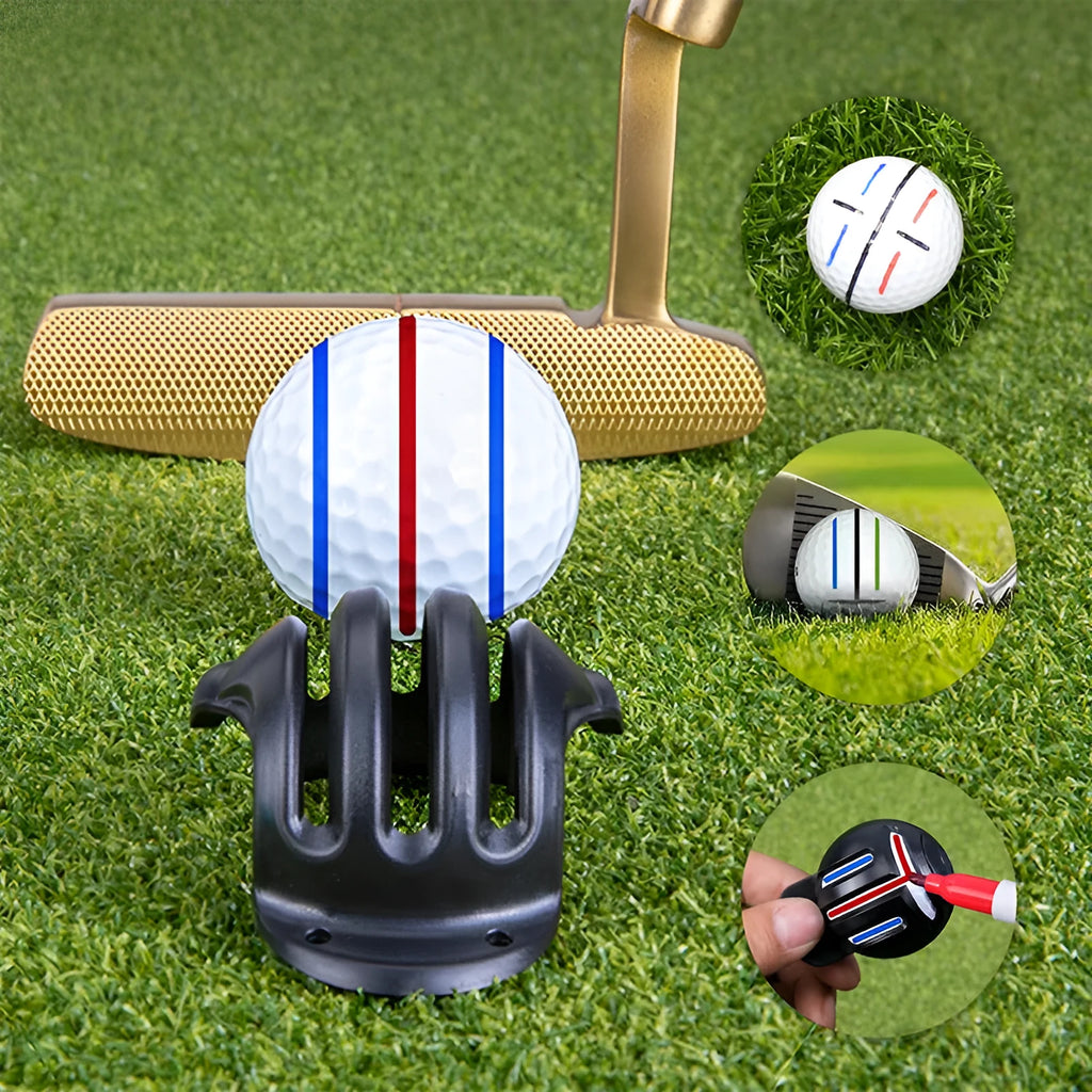 Plastic golf putter alignment tool set with four scribers and one drawing pen on a green.